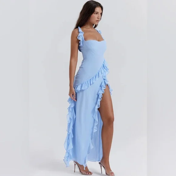 House of CB Ariela Soft Blue Ruffle Maxi Dress